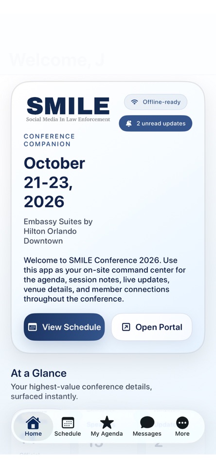 SMILE conference home screen, featuring conference details, schedule, and member navigation